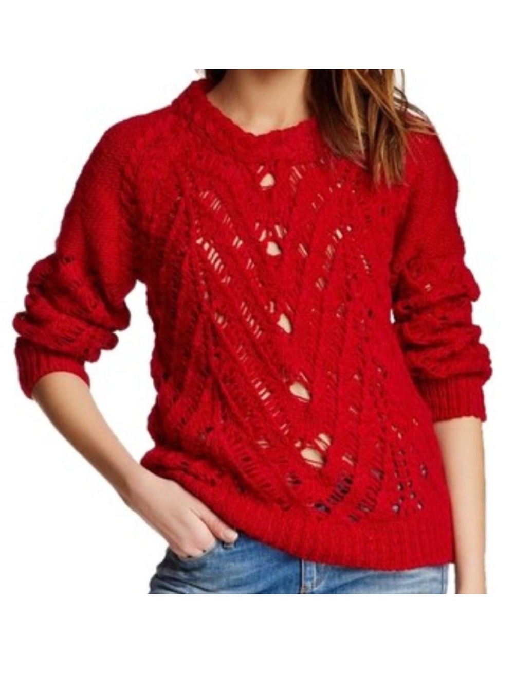 IRO Melacy 100% Merino Wool Red Open-Knit Crewneck Sweater bohemian boho luxury